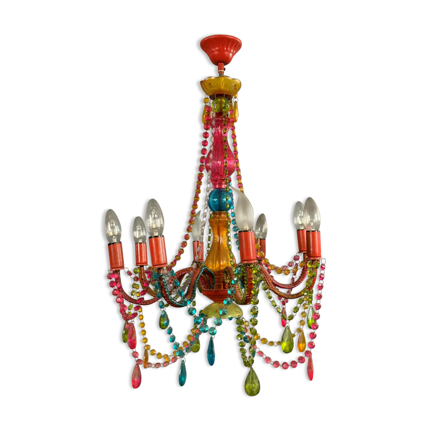 Lustre baroque moderniste en verre et thermoformé multicolore vers 1980