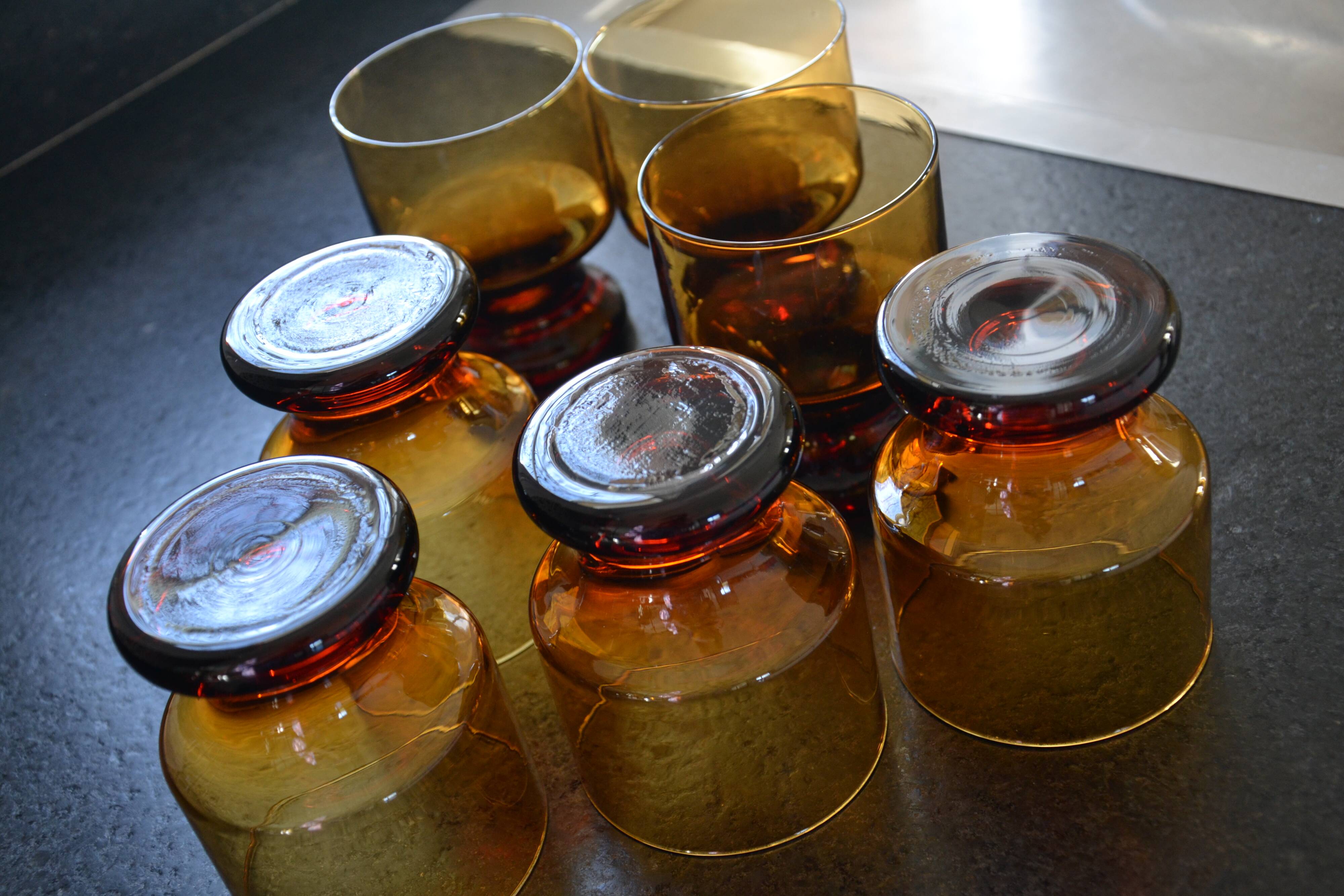 7 Vintage Mouth Blown Amber Stemmed Glasses