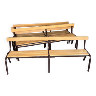 Set of 5 light wood and brown steel school benches from the 80s