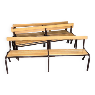 Lot de 5 Bancs d'école bois clair et acier marron années 80