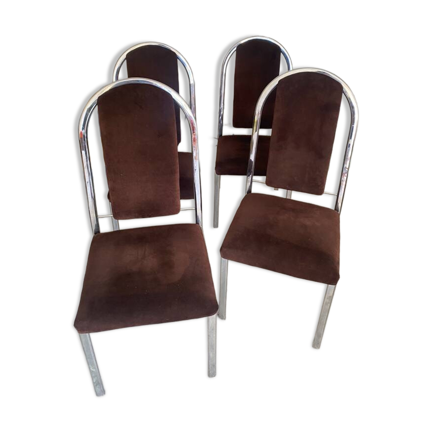 Quatre chaises chrome et velours ras marron design 70