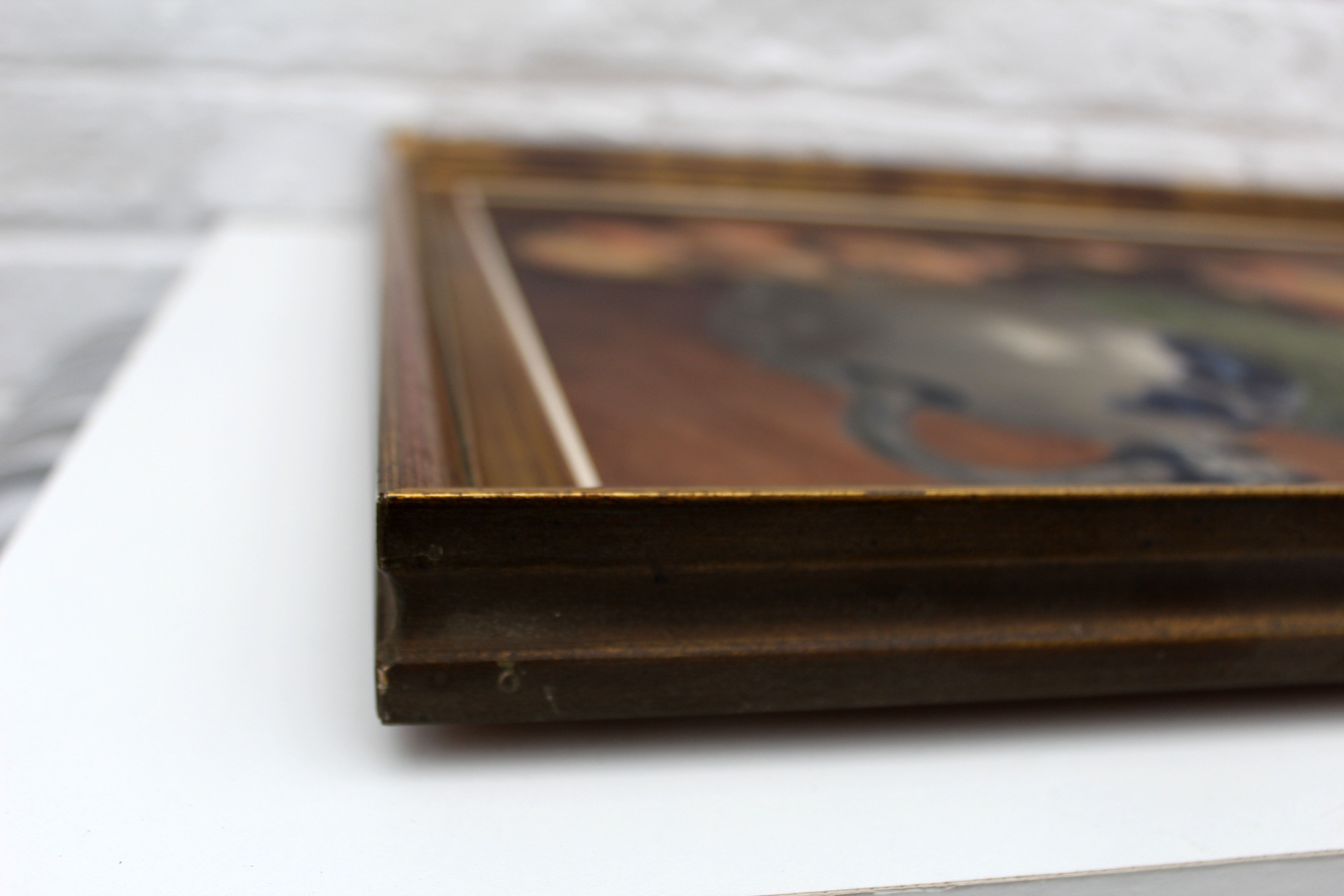 Vintage oil painting on canvas and gold gilded wood frame, still life