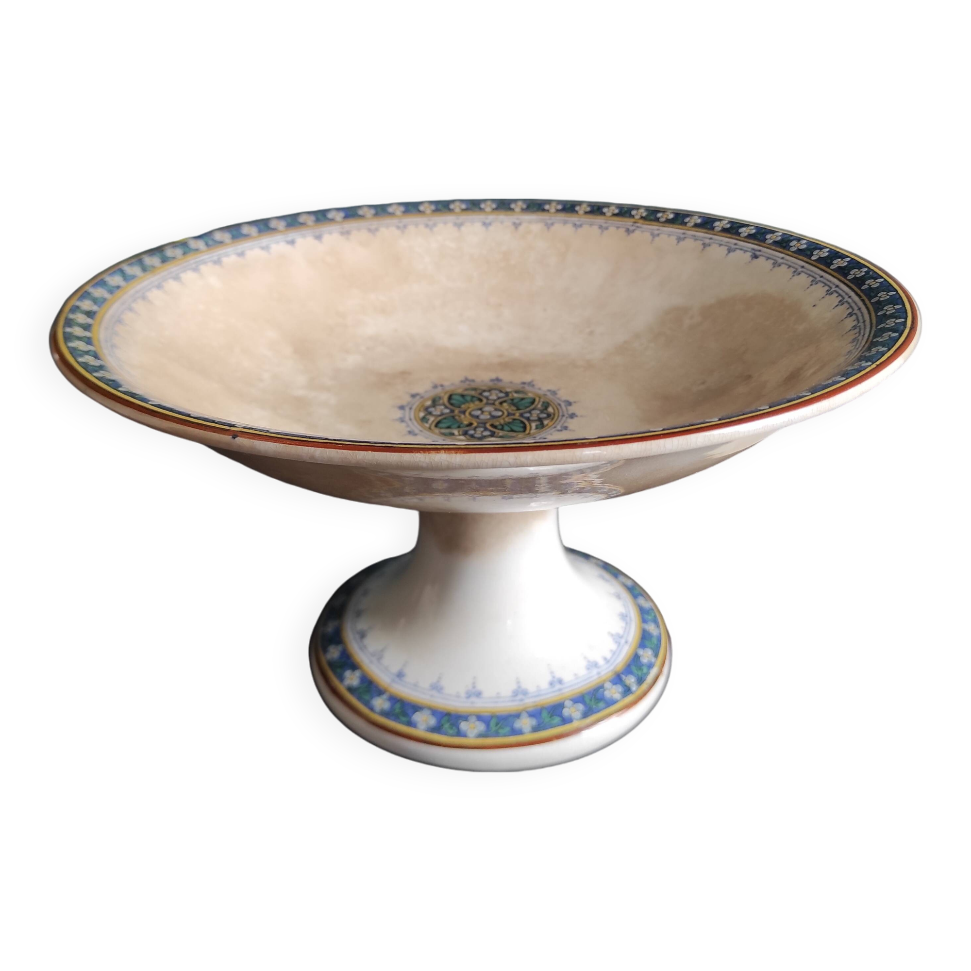 French vintage cake plate or cake stand for desserts or fruit, Sarreguemines, mod. Myosotis