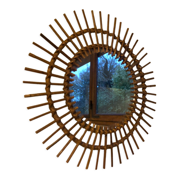 Miroir soleil rotin vintage années 60 48cm