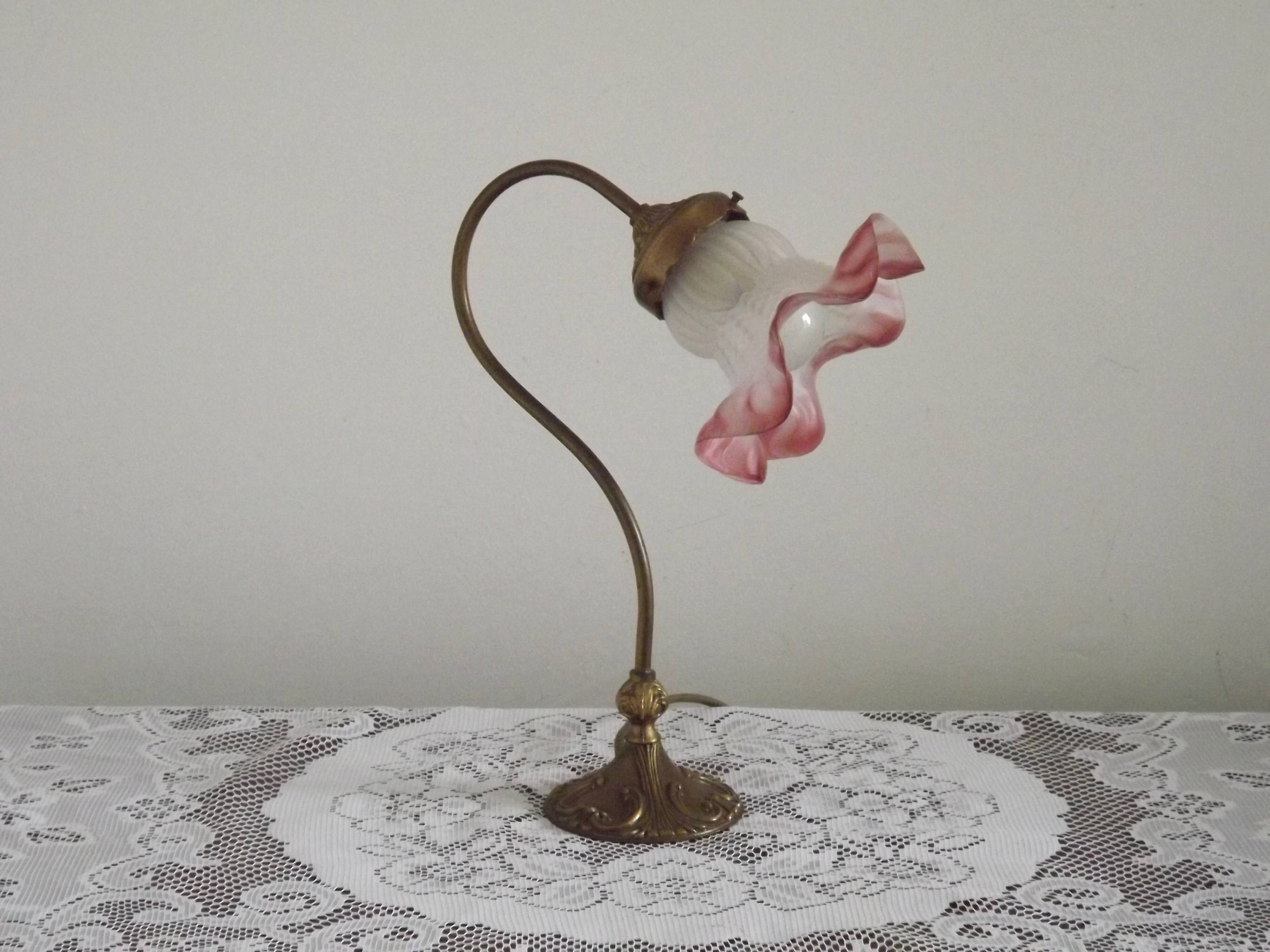 French Art Nouveau Brass Goose Neck Table Lamp White & Pink Glass Shade
