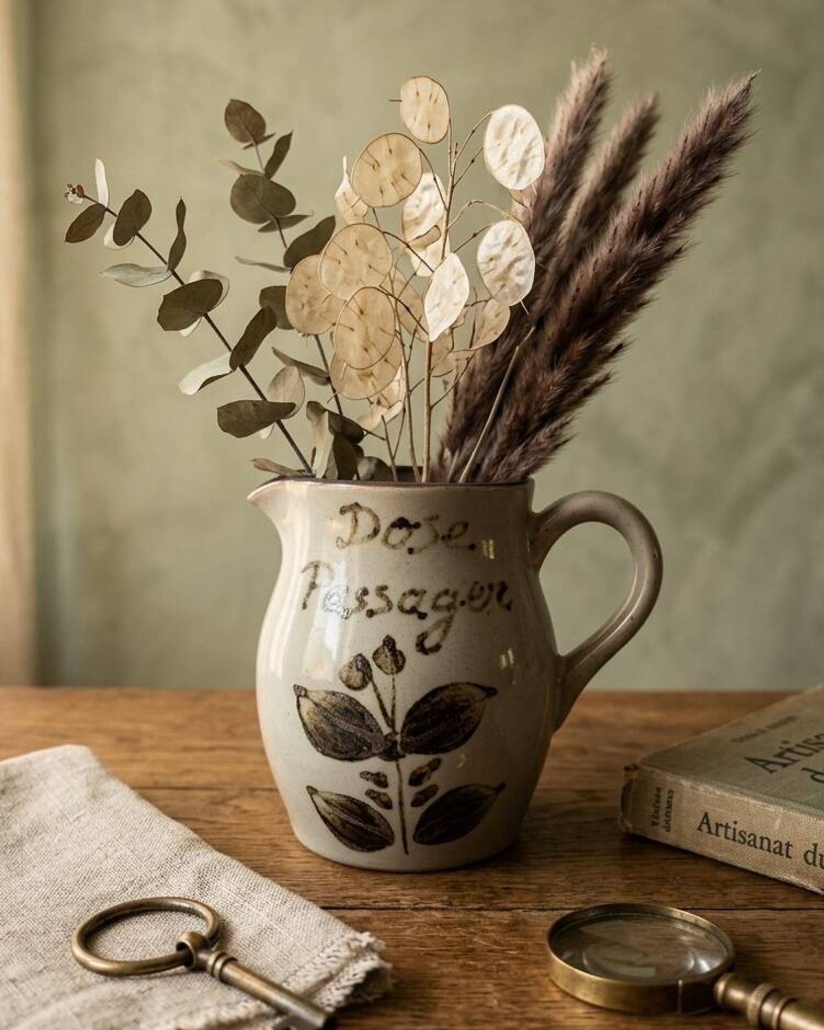 Pichet en grès vintage | Grès de l'Arnon France | Décor floral