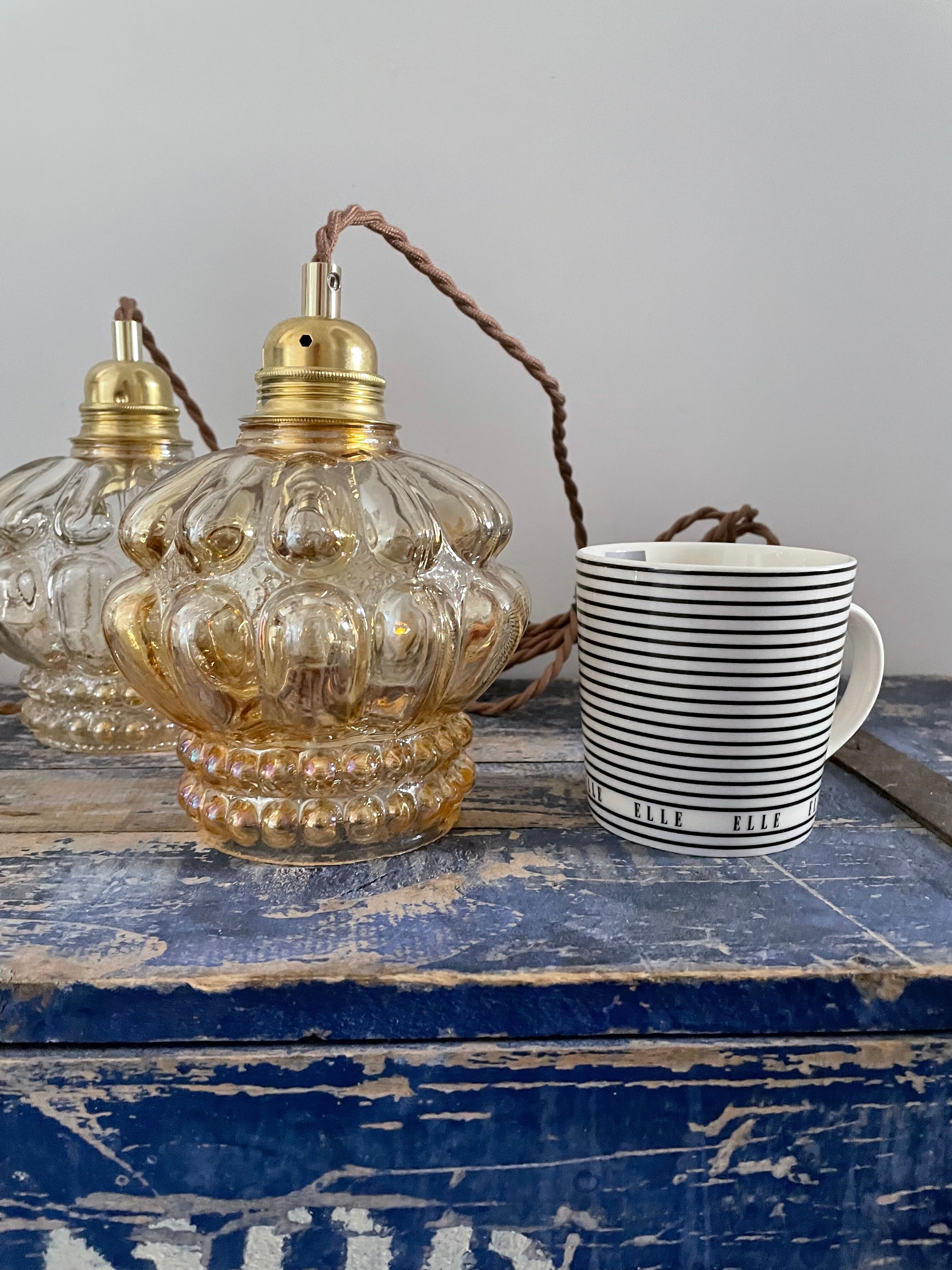 Set of two new electrified amber glass walking lamps