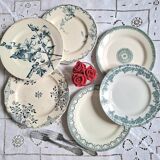 Assiettes plates anciennes dépareillées en faïence terre de fer accompagnées d'un plat