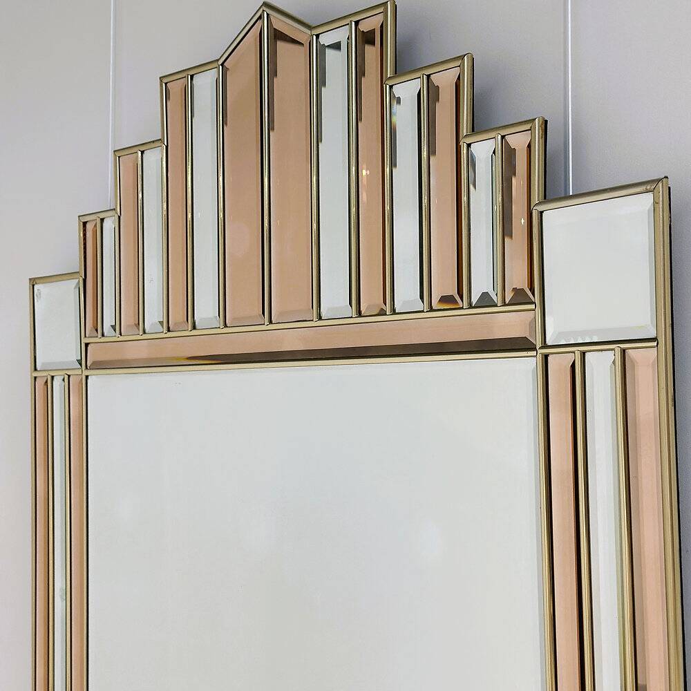 Art Deco style peach & clear bevelled mirror with brass frame, 1980s