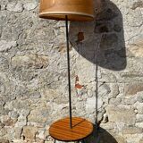 Vintage floor lamp 1960 black tripod base round varnished wooden shelf