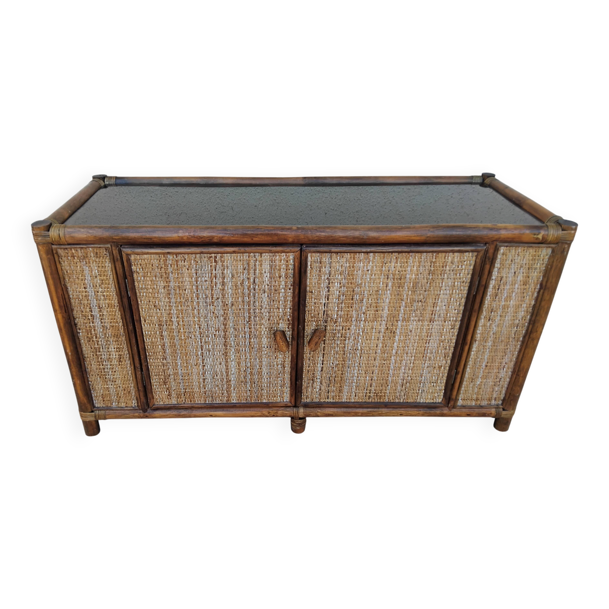 Vintage sideboard TV unit in rattan, bamboo and glass.