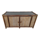 Meuble tv, buffet vintage en rotin, bambou et verre