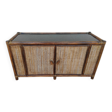 Vintage sideboard TV unit in rattan, bamboo and glass.