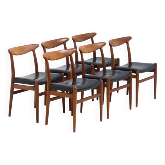 Ensemble de six chaises de salle à manger CM Madsen « W2 » en teck et cuir par Hans J. Wegner