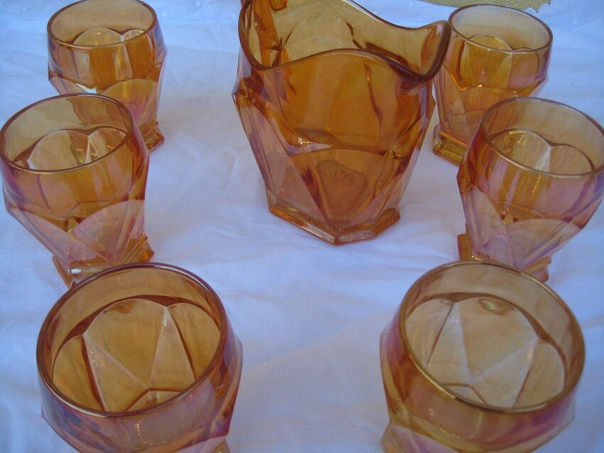 Old orange service pitcher & 6 glasses