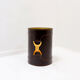 Brown leather wastepaper basket with decorative gold metal buckle.