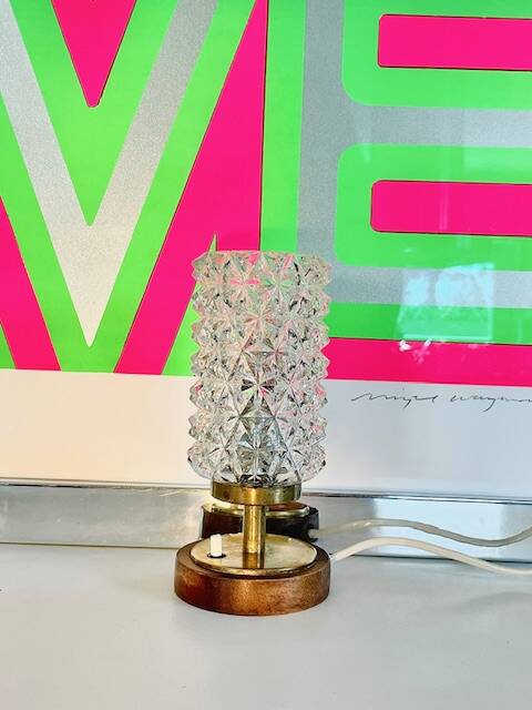 Vintage Mid-Century Scandinavian lamp in wood, brass, and pressed glass with spikes.