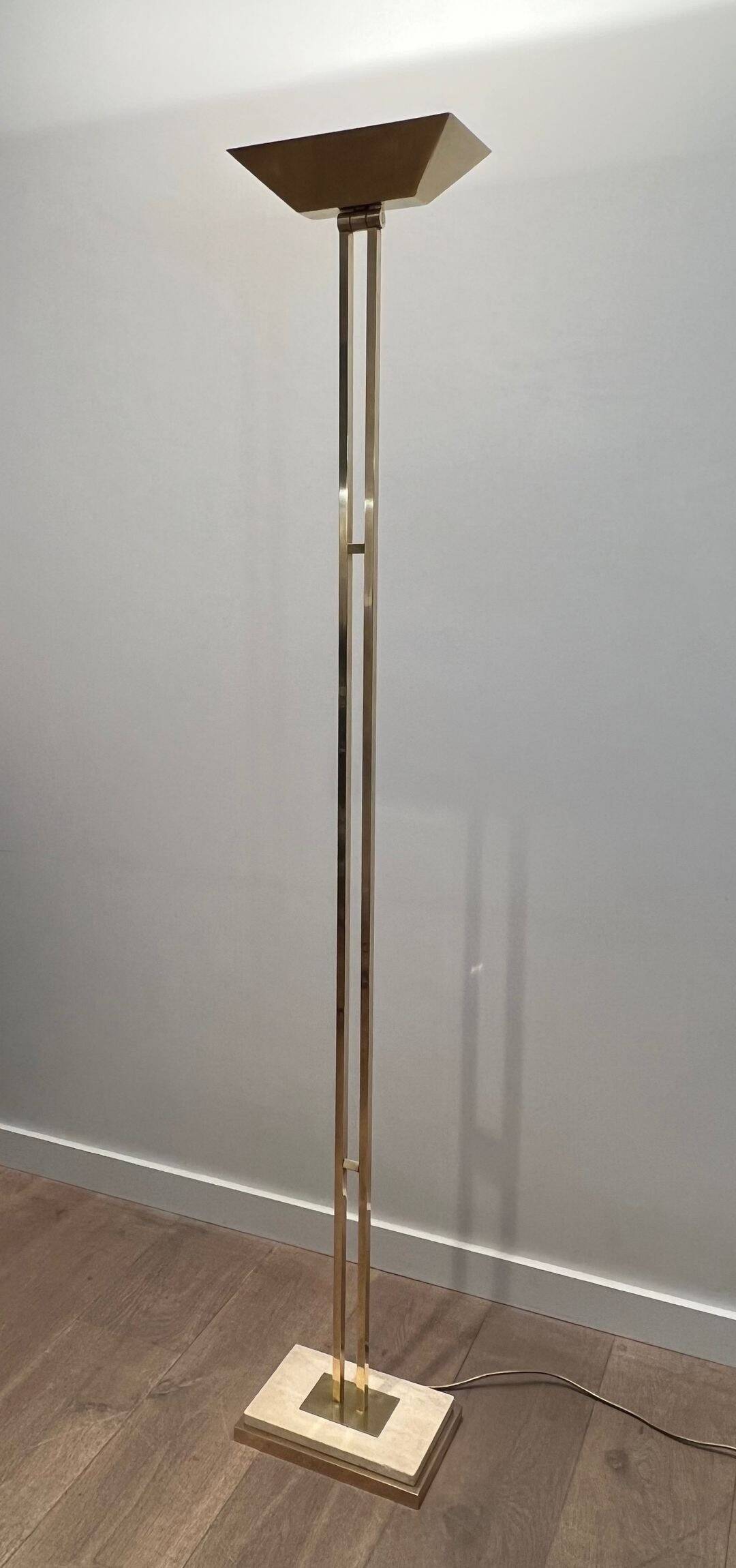 Brass Floor Lamp with Adjustable Reflector on a Timber Base