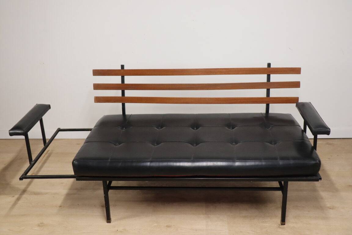 Vintage "Daybed" sofa bench in metal and imitation leather, 1950
