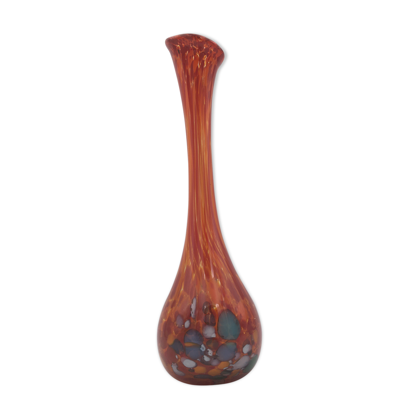 Vase soliflore Murano orange et motifs colorés en verre soufflé  -  XXème siècle