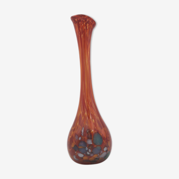 Vase soliflore Murano orange et motifs colorés en verre soufflé  -  XXème siècle