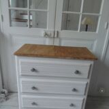 Vintage chest of drawers sublimated in pearl gray, wooden top