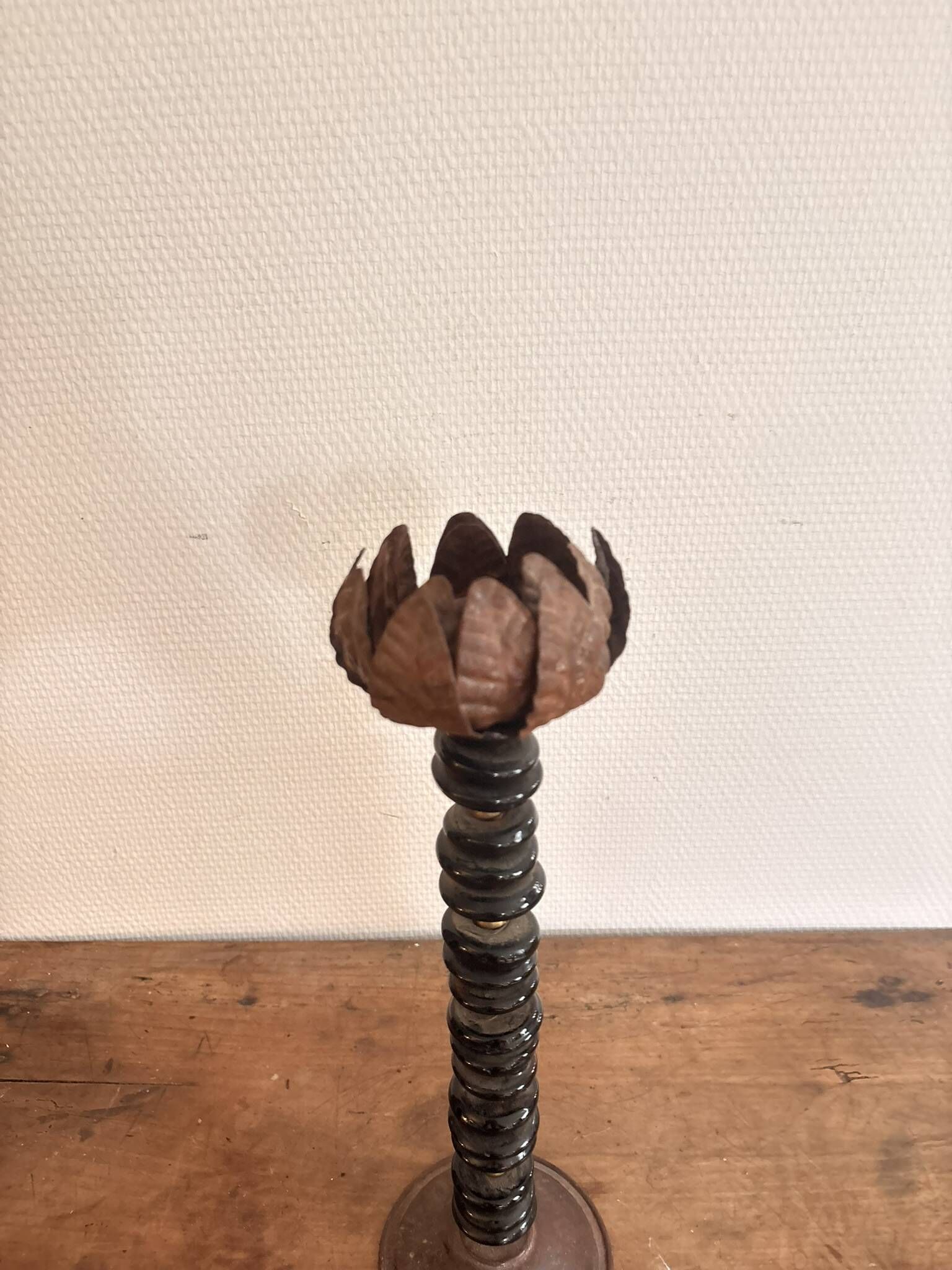 Lotus Pearl Candle Holder Vintage Brutalist Ethnic Metal