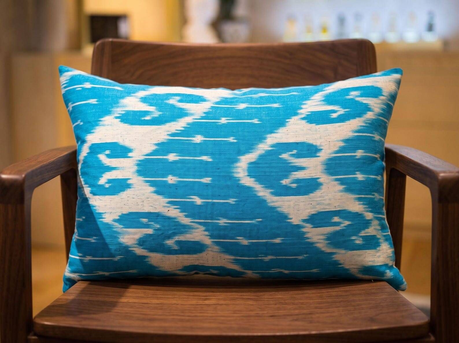 Hand Crafted Silk Ikat Lumbar Cushion Cover, Sky Blue Wave Pillow Case