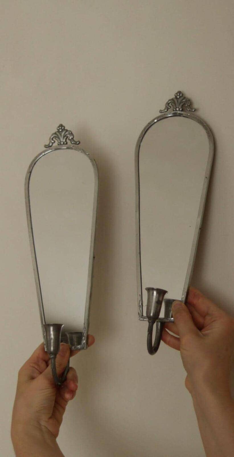 Pair Of Mid Century Swedish Pewter Sconces With Mirror By Svenskt Tenn