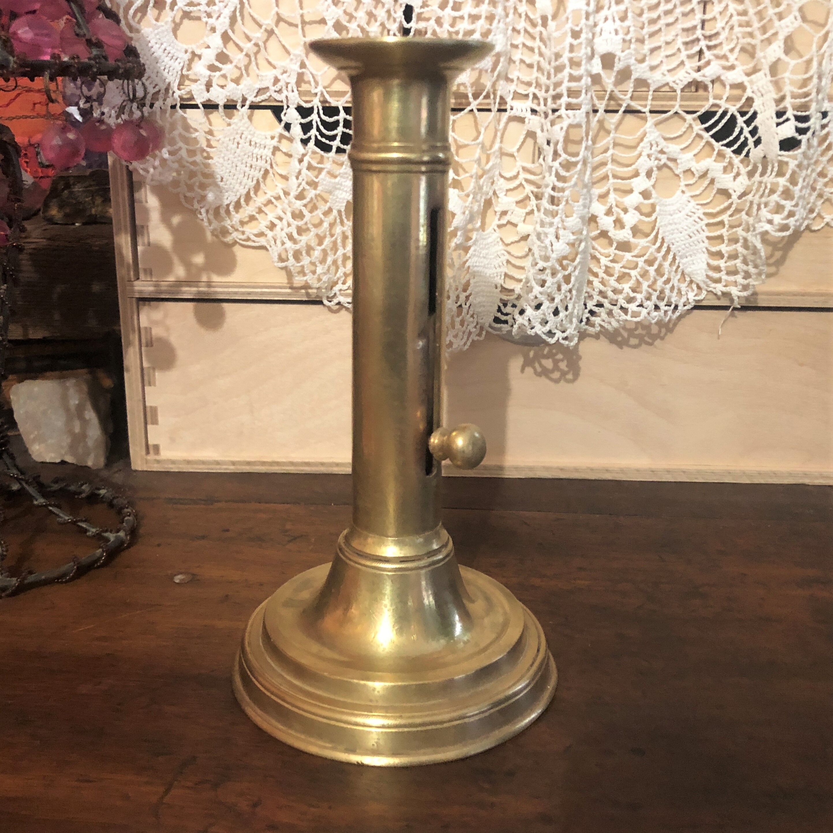 Old gold copper candle holder with pusher