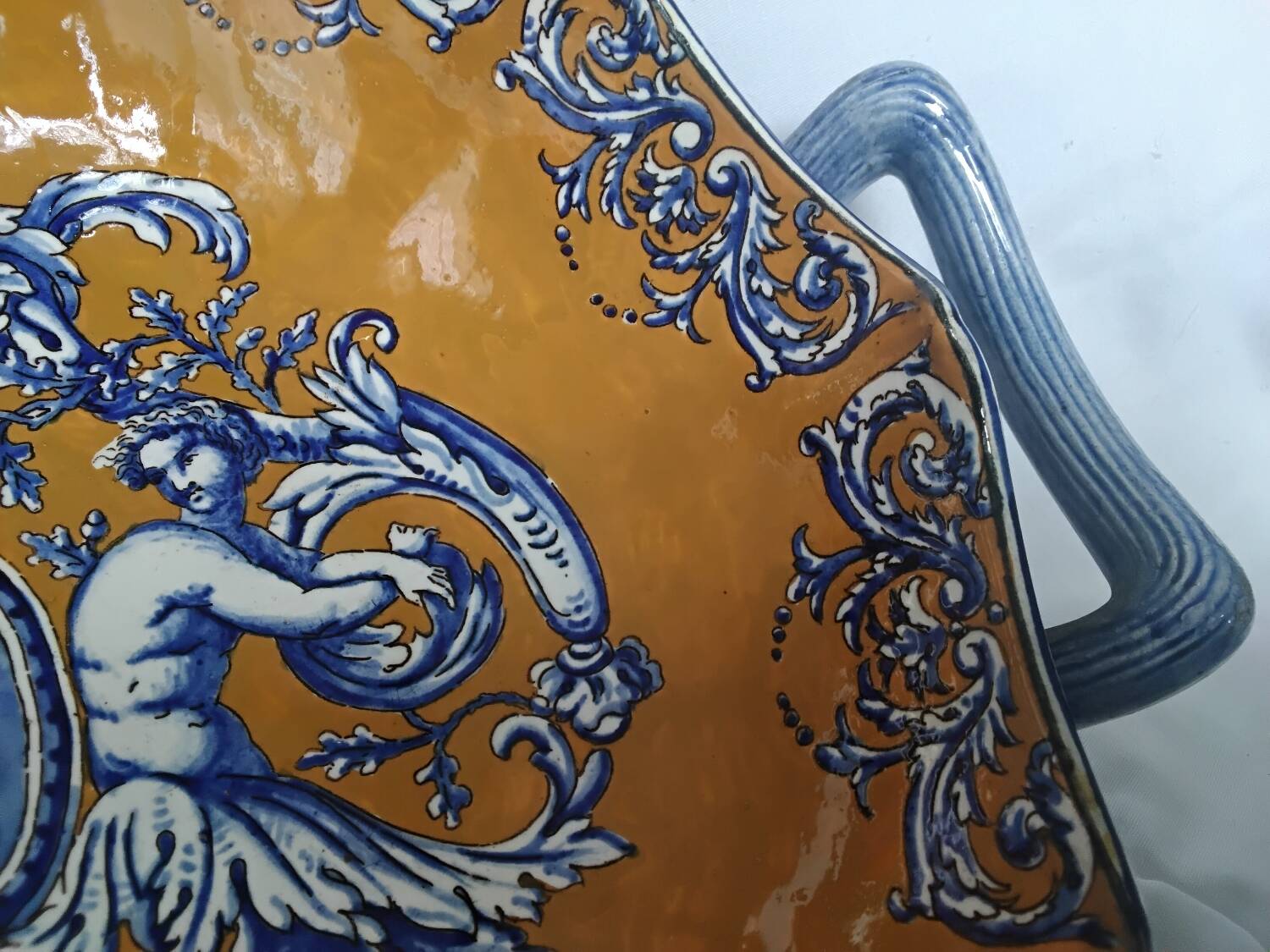 Gien earthenware bowl with handles, Francois I decor, 1860