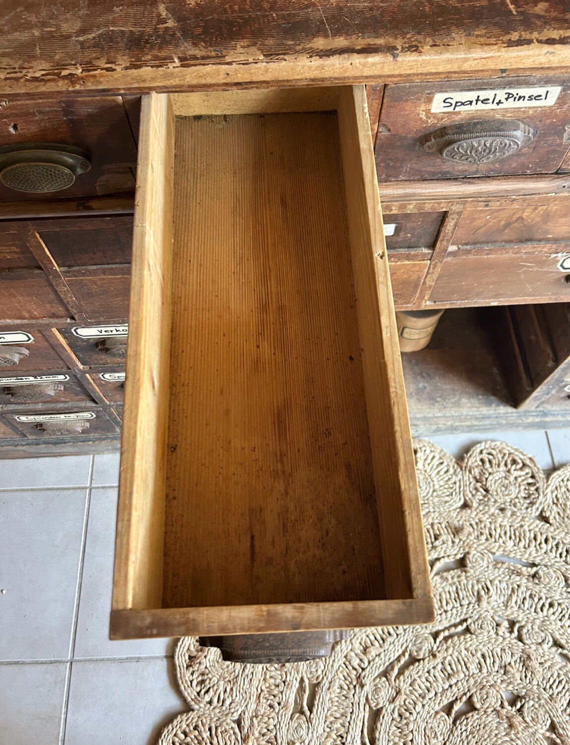 Exceptional antique apothecary workbench.