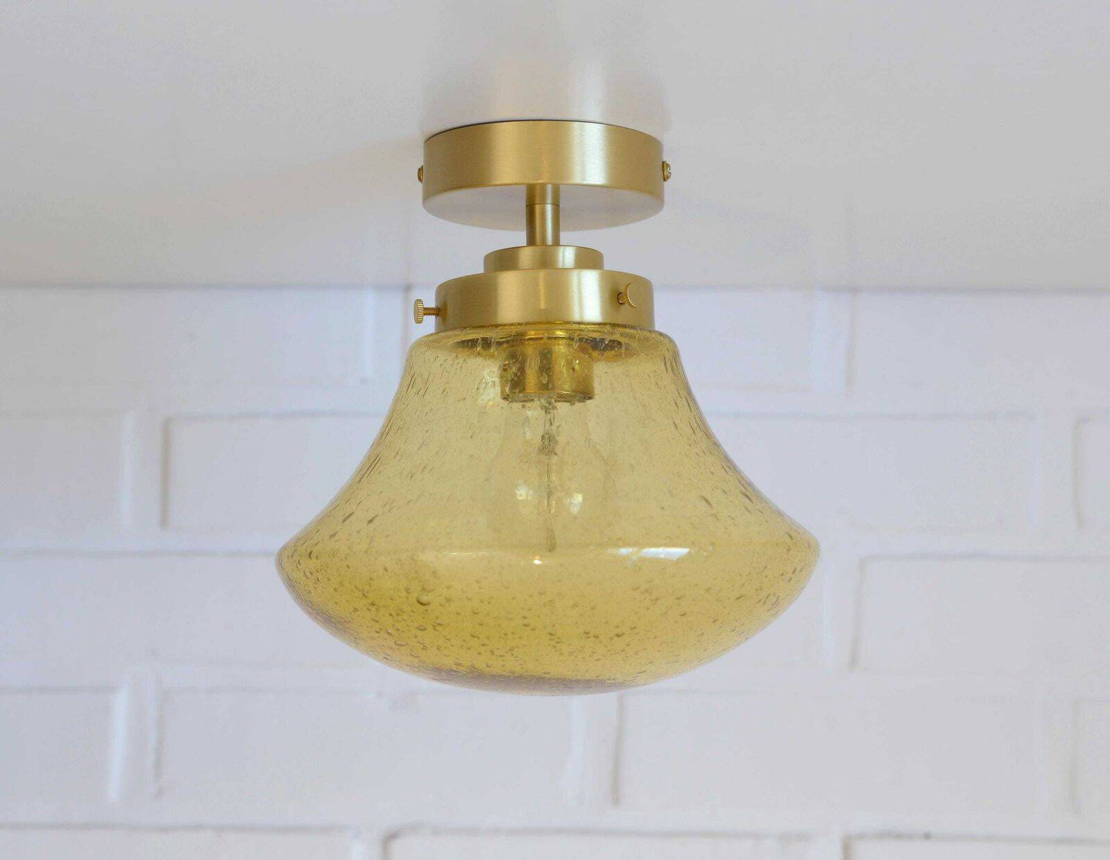 Amber Bubble Glass Ceiling Light, Brass Semi Flush Mount, Mushroom Lamp