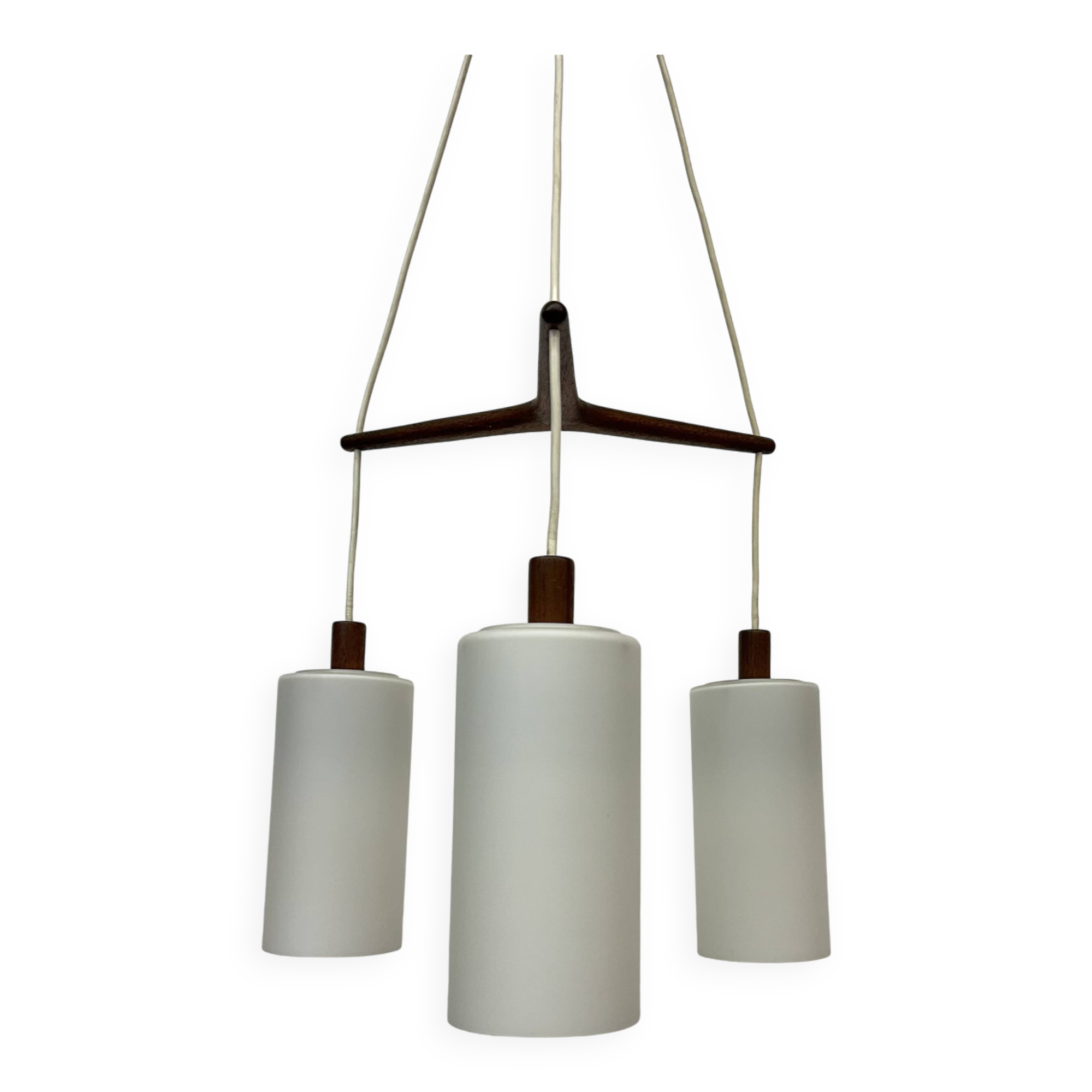 Mid-century design pendant lamp teak and opaline glass , 1970s