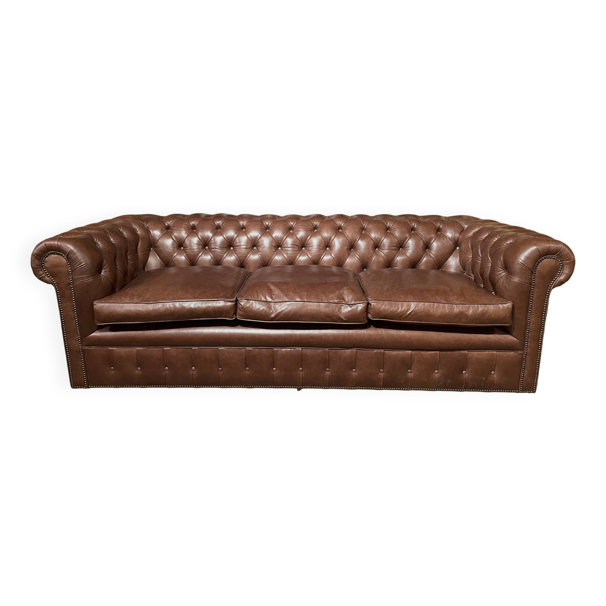 brown leather 3-seater Chesterfield sofa