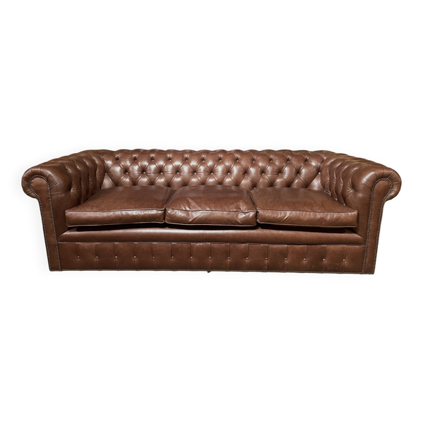 canapé chesterfield 3 places en cuir brun