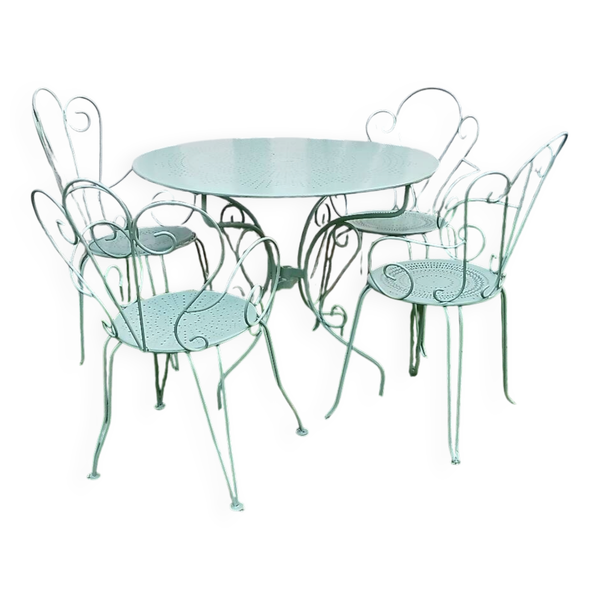 Salon de jardin 1 table 4 fauteuils fer forgé ancien vert Provence
