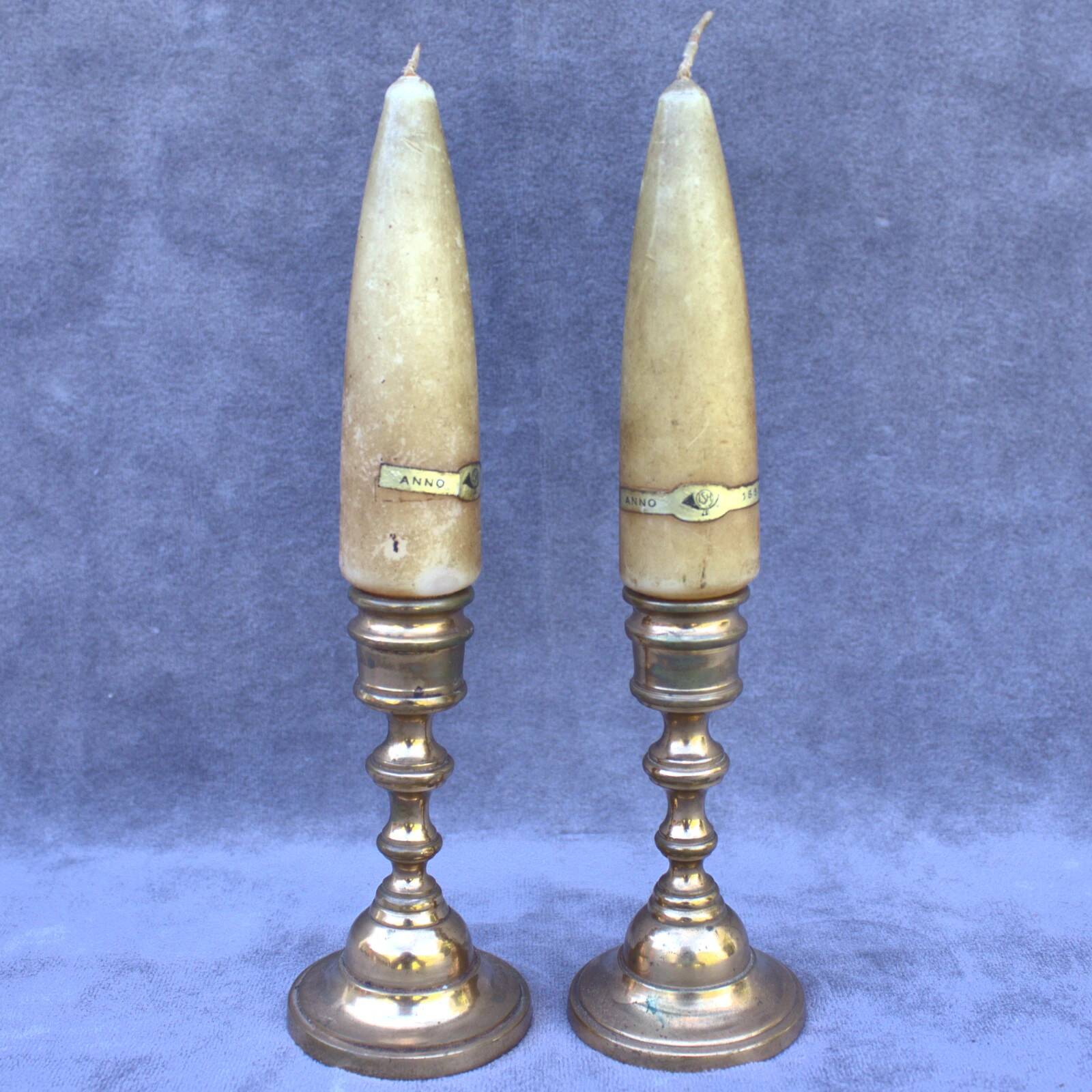 Vintage Set of 2 Brass Candle Holders with Antique Candles, Elegant Home Decor