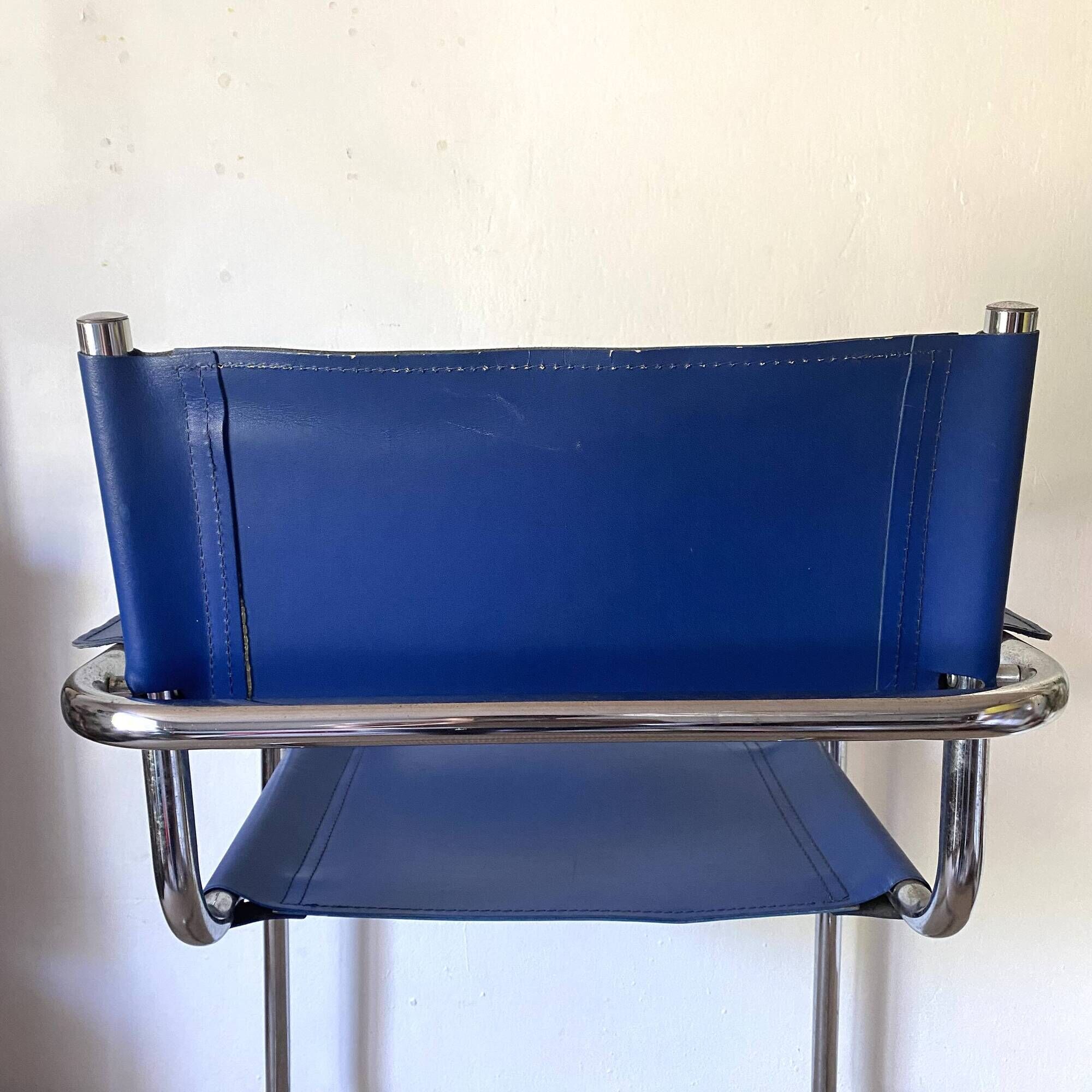 Office chair in blue imitation leather and chrome metal, Matteo Grassi style