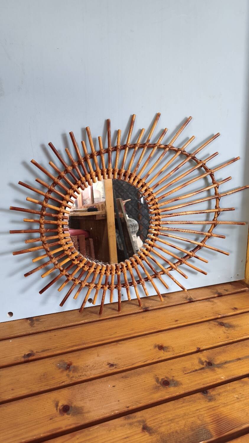 Asymmetrical sun mirror in rattan - vintage 1960s