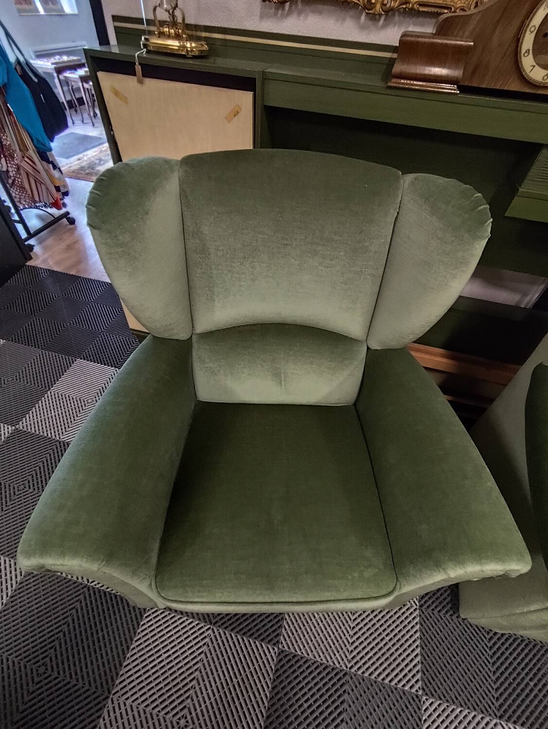 Vintage armchair in light green fabric from the 70s