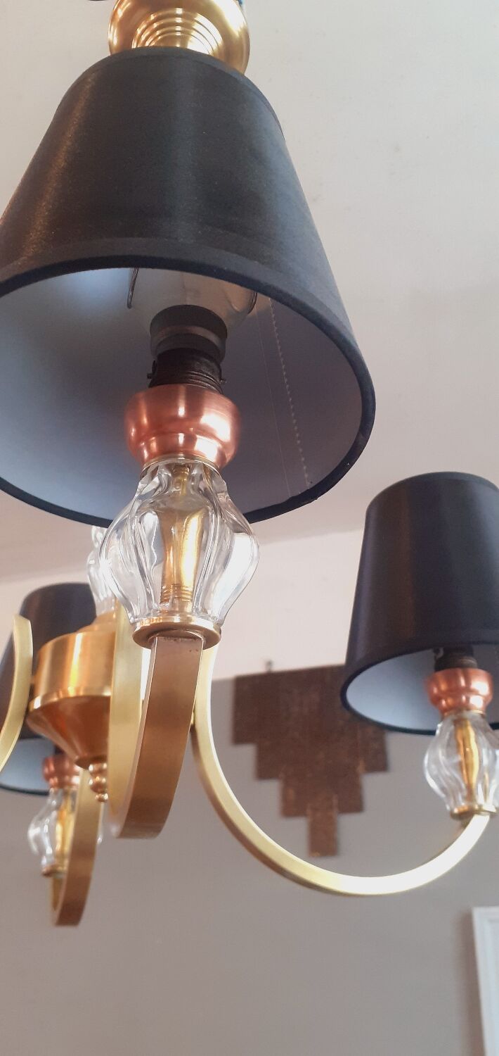 Vintage chandelier year 50 in brass and molded glass