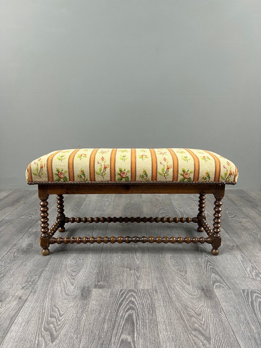 Antique Turned Wood Bench, Floral Tapestry Seat, 20th Century
