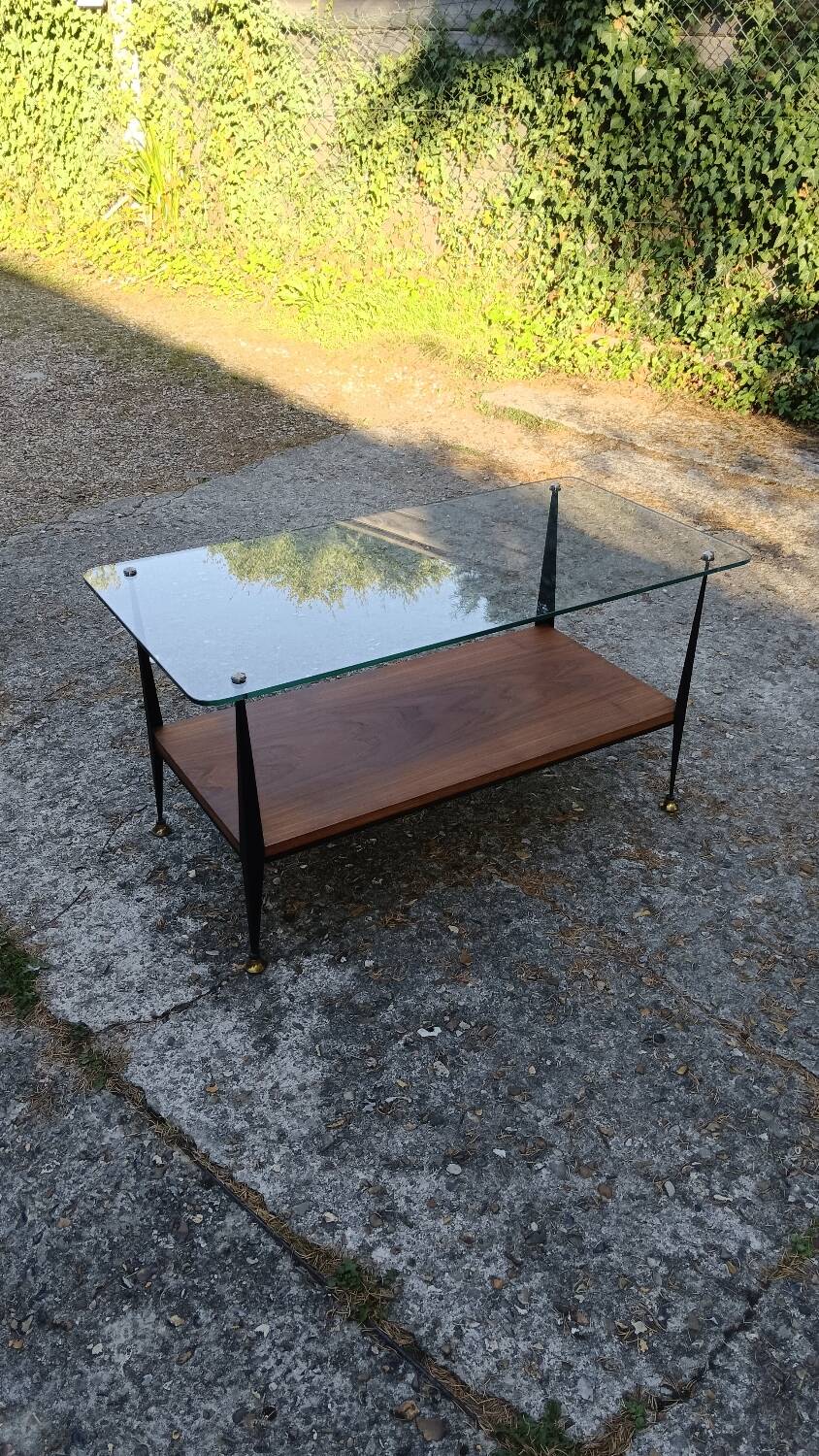 Coffee table in glass, wood and steel, mid-20th century.
