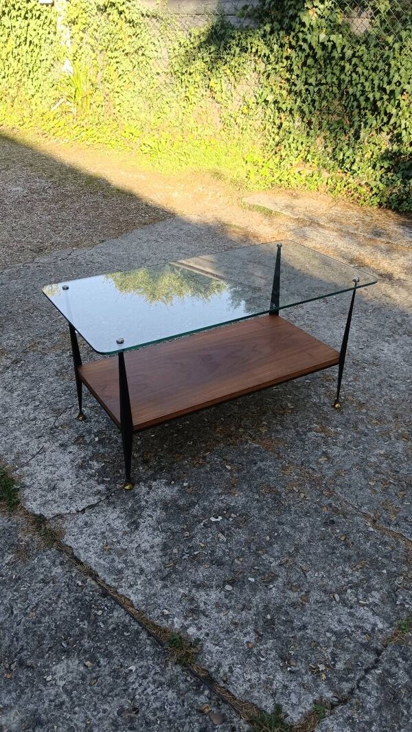 Table basse en verre, bois et acier, milieu XXe