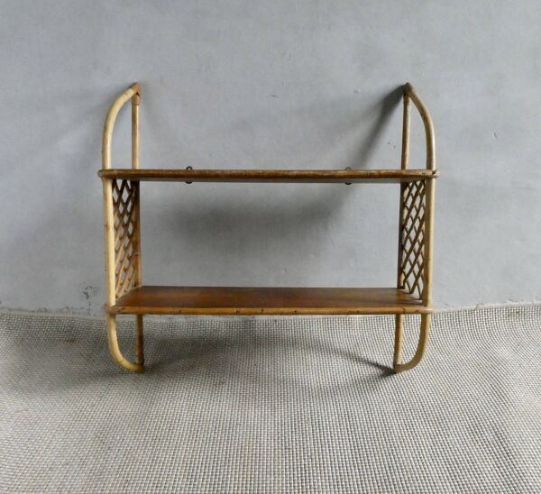 Etagère murale en bois et rotin, années 70