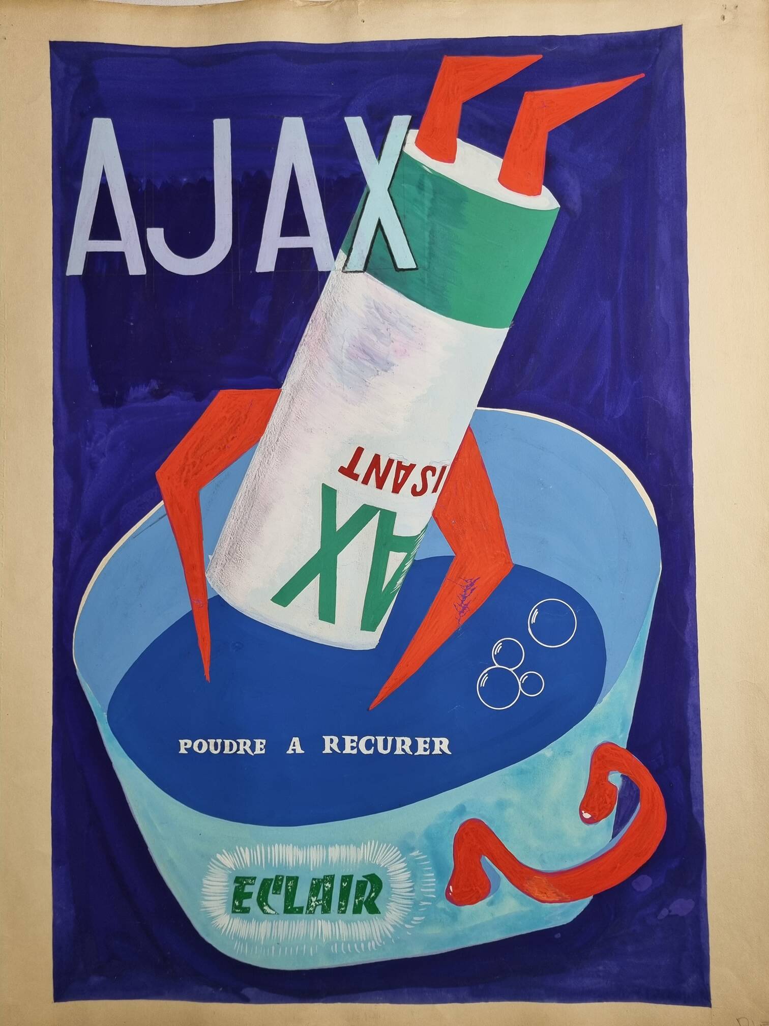 Affiche publicitaire vintage, "Lessive Ajax", années 50-60 peinte à la main