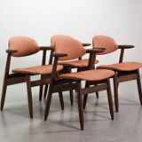 4 Wenge Cowhorn Tijsseling Dining Chairs with Stone Red Fabric, Hulmefa 60s