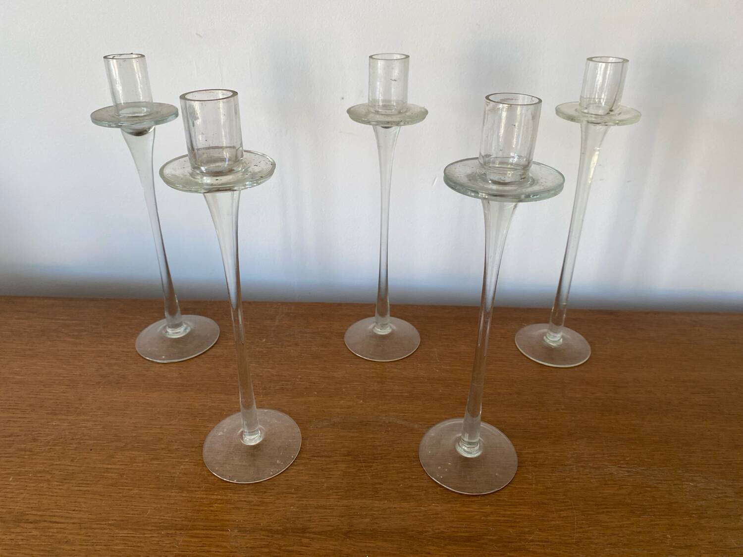 Set of 5 tulip candle holders in clear molded glass vintage decoration