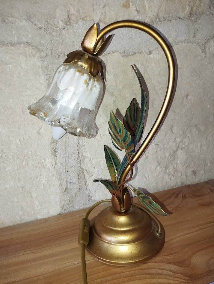 Lampe fleur vintage en laiton et verre